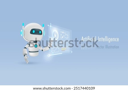 AI chat robot analyzing business graph chart. Artificial intelligence bot innovation technology defines big data and develop smart solution. 3D vector.