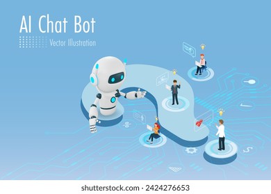 El robot de chat de Ai responde a una solución inteligente a los usuarios con signo de interrogación. La robótica artificial de inteligencia y la tecnología chatbot influyen en las tendencias mundiales. Ilustración vectorial.