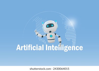 AI chat robot with artificial intelligence text on world. AI robotics and chatbot innovation technology influence in people lifestyle and worldwide trends. 3D vector.