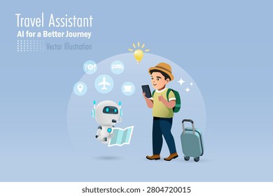 AI chat robot assists tourist arrange a smart vacation trip. Tourist backpacker carrying luggage enjoy trip with Artificial intelligence technology. vector.