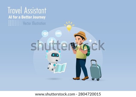 AI chat robot assists tourist arrange a smart vacation trip. Tourist backpacker carrying luggage enjoy trip with Artificial intelligence technology. vector.