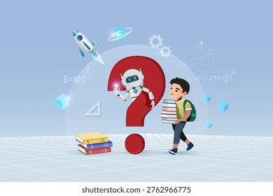 AI chat robot behind Question mark sign with kid holding books. Artificial intelligence in education innovation technology concept. Vector.	