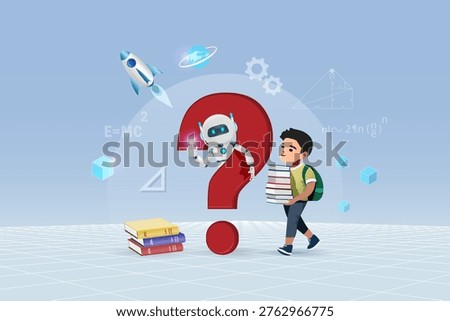 AI chat robot behind Question mark sign with kid holding books. Artificial intelligence in education innovation technology concept. Vector.	