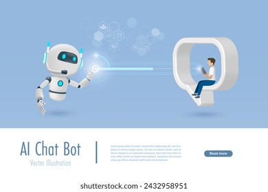 AI chat robot comunicarse y responder solución inteligente al usuario en la burbuja de voz. Inteligencia Artificial no es tecnología de innovación. Vector 3D creado a partir de software gráfico.