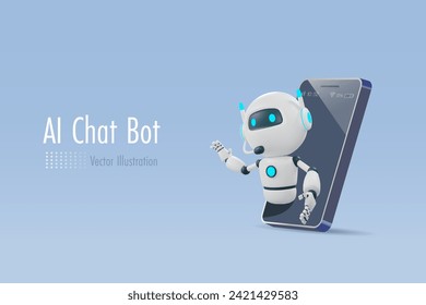 AI chat robot communicate with user on smartphone screen. Artificial intelligence robotics and chatbot innovation technology influence in worldwide trends. 3D vector created from graphic software.