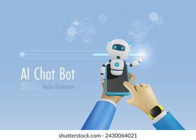 AI chat robot comunicarse con el usuario en el teléfono inteligente. La robótica de IA y la tecnología de chatbots influyen en el estilo de vida de las personas y en las tendencias mundiales. Vector 3D.