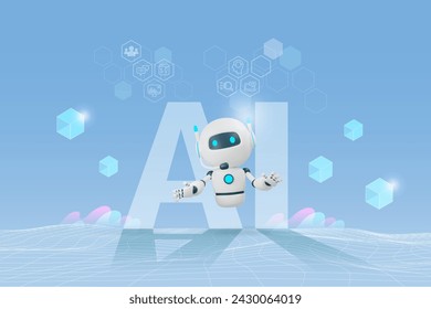 AI chat robot in cyberspace background. AI robotics and chatbot innovation technology influence in people lifestyle and worldwide trends. 3D vector.