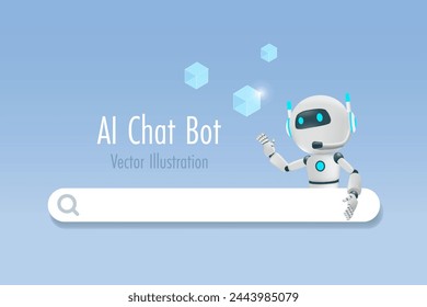 AI chat robot with digital searching bar. AI robotics and chatbot innovation technology provide smart information and solution in research and development. 3D vector.