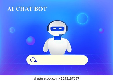 Robô de bate-papo AI com barra de pesquisa digital. Bot bate-papo AI se comunicar com o usuário. Inteligência artificial responde tecnologia de inovação robô e assistente de IA apoiar ilustração vetorial 