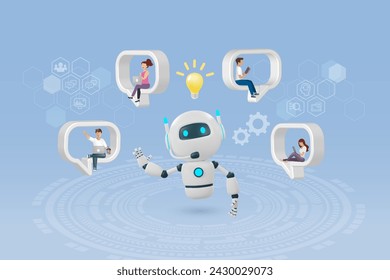 AI chat robot giving smart solution to people in speech bubble. Artificial Intelligence robot communication technology. 3D vector.