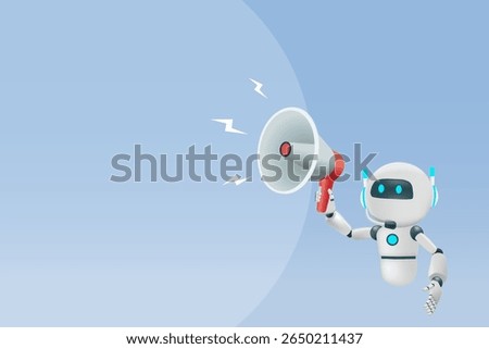 AI chat robot holding megaphone in speech bubble template. Marketing template, banner and announcement for artificial Intelligence innovation technology. 3D vector	