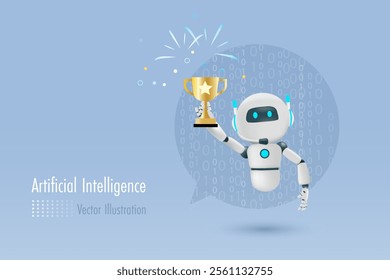 AI chat robot holding victory trophy in hand with smart solution to user in speech bubble. Artificial Intelligence bot innovation technology. 3D vector	
