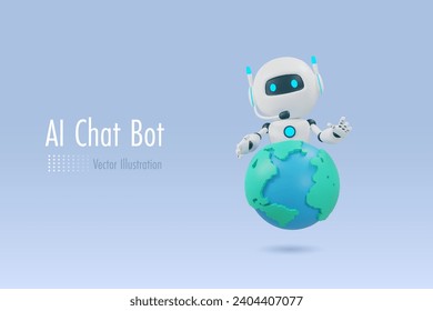 AI chat robot holding world. Chat bot and artificial intelligence robotics trends innovation technology influence in worldwide business. 3D vector cartoon character.