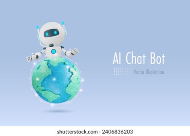 AI Chat-Roboter, der Welt mit Netzwerkverbindung hält. Chatbot und Robotik der künstlichen Intelligenz beeinflussen die Technologie weltweit. 3D-Vektorgrafik-Charakter.