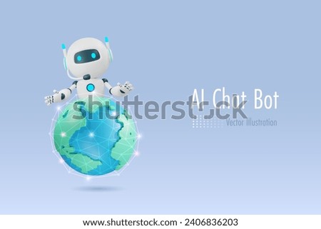 AI chat robot holding world with network connection. Chat bot and artificial intelligence robotics trends innovation technology influence in worldwide. 3D vector cartoon character.