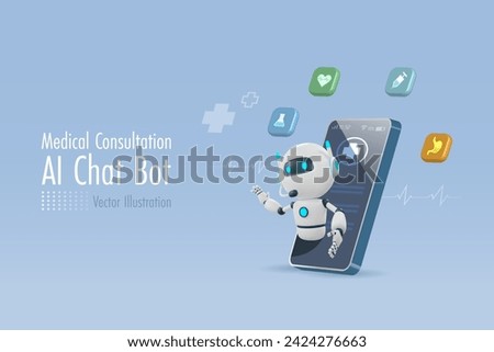 AI chat robot in medical app diagnosis and solving patient health problem. Artificial intelligence technology in medical and laboratory health research, medical cybernetics. 3D vector.
