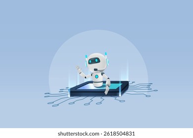Robot de chat AI sur carte de circuit. Révolution et développement de la technologie de l'intelligence artificielle, apprentissage automatique. Mise en oeuvre de la technologie de recherche scientifique robotique dans les entreprises. Image vectorielle 3D.