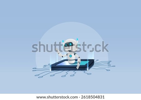 AI chat robot on circuit board. Artificial intelligence technology revolution and development, machine learning. Implement of robotic science research technology in business. 3D vector.