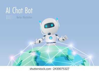 KI-Chat-Roboter auf digitalem Welt-Netzwerk verbinden. KI-Robotik und Chatbot-Technologie beeinflussen den Lebensstil von Menschen und weltweite Trends. 3D-Vektor aus grafischer Software erstellt.