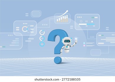 AI chat robot on question mark symbol. Artificial Intelligence innovation technology as search engine to provide smart analyzing research and data storage system. Vector.