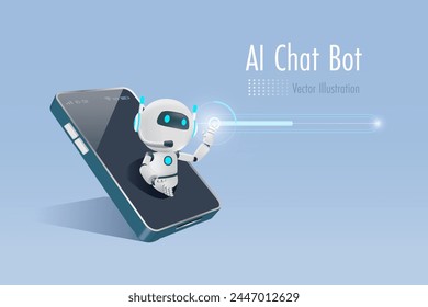 AI chat robot on smart phone touch digital download bar. AI robotics and chatbot innovation technology influence in people lifestyle and worldwide trends. 3D vector created from graphic software.