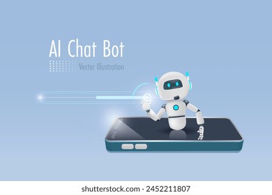 AI chat robot on smart phone touch digital download bar. AI robotics and chatbot innovation technology influence in people lifestyle and worldwide trends. 3D vector created from graphic software.