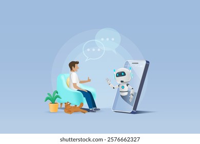 AI chat robot on smartphone communicate with human on couch. Artificial intelligence innovation technology generates smart solution, service communication support. 3D vector.