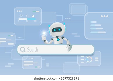 AI chat robot en la barra de búsqueda de Web y sistema de investigación inteligente. Inteligencia Artificial como motor de búsqueda para proporcionar información inteligente y soluciones. Vector.