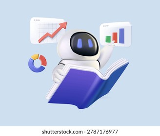 AI chat robot reading and analyzing book 3D vector illustration. Artificial Intelligence as smart assistant for student to summarize and conclusion of the study book. Machine learning, Education tech