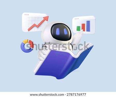 AI chat robot reading and analyzing book 3D vector illustration. Artificial Intelligence as smart assistant for student to summarize and conclusion of the study book. Machine learning, Education tech