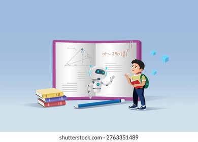 AI chat robot teaching kid studying book. Artificial intelligence as smart assistant in education innovation technology concept. Vector.