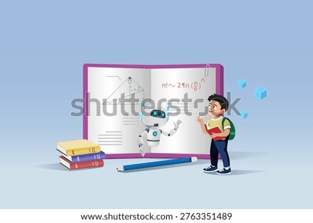 AI chat robot teaching kid studying book. Artificial intelligence as smart assistant in education innovation technology concept. Vector.