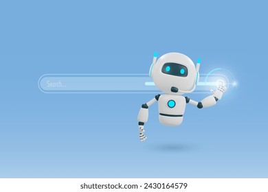 AI chat robot touch digital searching bar. AI robotics and chatbot innovation technology influence in people lifestyle and worldwide trends. 3D vector created from graphic software.