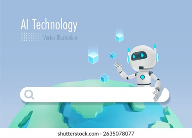 AI chat robot with web searching bar on globe. AI robotics and chatbot innovation technology provide smart information and solution in research and development. Digital search engine. Vector.