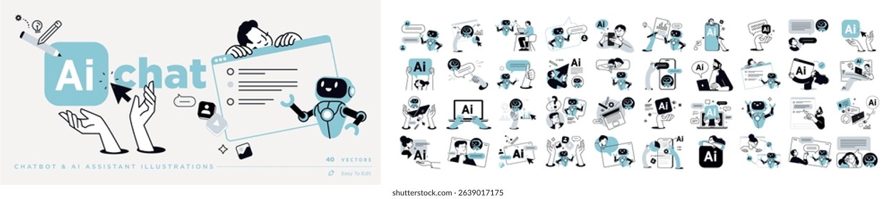 Ai chat vector illustrations. Concepts of ai chatbot, ai assistant, online communication, chat ai, app and services, Artificial Intelligence technology.