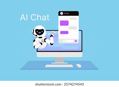 Ai chat web window on the computer. Robot with a microphone ready to help with customer's questions. Business vector illustration. Flat cartoon style. 