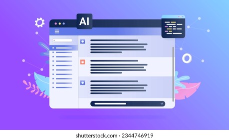 Ai chat window vector - Decorative illustration of abstract artificial intelligence text dialogue technology. Semi flat design on purple background