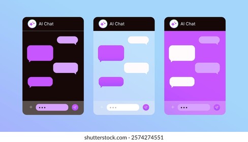 Ai chat windows collection. UI design. Speech bubbles and a text field with icons, vector illustration. Flat cartoon style. 