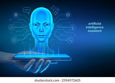 AI chatbot, artificial intelligence assistant concept. Smart virtual assistant application on a smartphone. User interacting with an AI-powered chatbot. Cyborg woman head hologram. Vector illustration