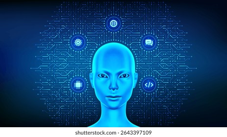 AI chatbot, conceito de tecnologia assistente de inteligência artificial. Aplicativo assistente virtual inteligente. Um robô de bate-papo com IA. Mulher ciborgue cabeça no plano de fundo padrão de placa de circuito. Ilustração vetorial.