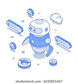 AI chatbot inteligência artificial assistência robótica apoio comunicação minimalista isométrica vetor ilustração. Máquina de tecnologia digital futurista cyborg programação neural automatizada web