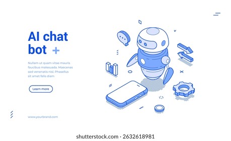 AI chatbot artificial intelligence smartphone app assistance isometric web banner vector illustration. Robot chat help digital technology machinery automation customer support service landing page