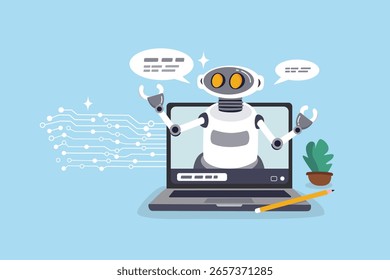 AI Chatbot assistance, Artificial Intelligence robot help solving problem support, chat conversation message, advice or discussion concept, AI Robot or chatbot on computer help answer question.