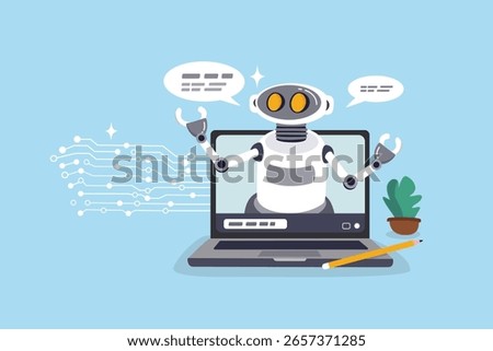 AI Chatbot assistance, Artificial Intelligence robot help solving problem support, chat conversation message, advice or discussion concept, AI Robot or chatbot on computer help answer question.