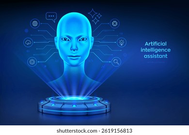 Robô de bate-papo de IA. Assistente de IA. Agente de IA. Plataforma holográfica com raios brilhantes formando uma projeção de uma cabeça de mulher ciborgue. Conceito tecnológico de inteligência artificial, automação. Ilustração vetorial.