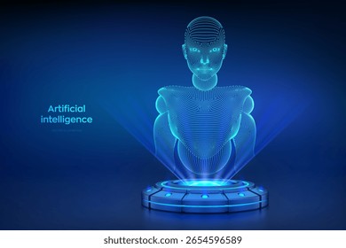 Robô de bate-papo de IA. Assistente de IA. Agente de IA. Plataforma holográfica com raios brilhantes projetando robô ciborgue feminino wireframe. Conceito tecnológico de inteligência artificial, automação. Ilustração vetorial.