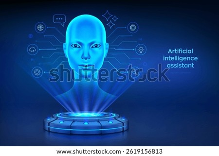 AI chatbot. AI assistant. AI agent. Holographic platform with glowing rays forming a projection of a cyborg woman head. Technology concept of artificial intelligence, automation. Vector illustration.