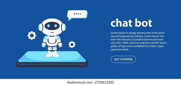 Assistente de chatbot de IA para comunicação. Personagem robô futurista bonito de pé no smartphone. Robô assistente de voz amigável. Montagem de banner de vetor.