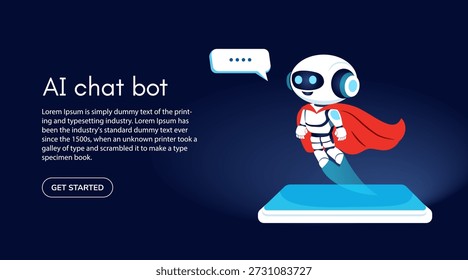 Asistente de chatbot AI para la comunicación. El robot futurista lindo en una capa roja vuela fuera de un smartphone