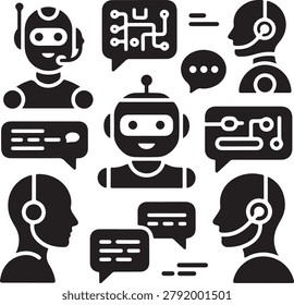 AI Chatbot Assistant and Customer Support Representative Vector Glyph Icons Set